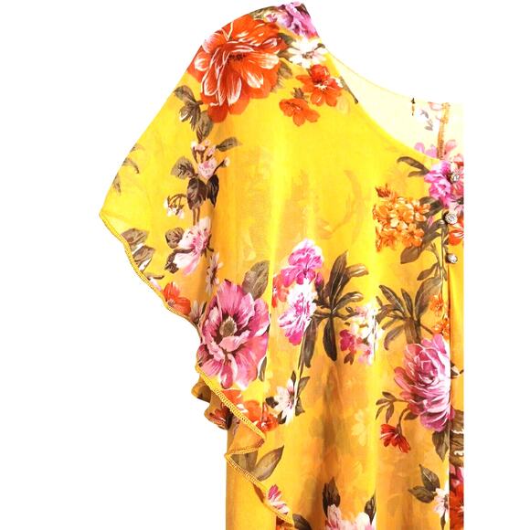 Exotic Tropical Tunic Blouse Sz L Yellow Rhinestones Floral Kimono Flowy Cottage - Picture 6 of 14